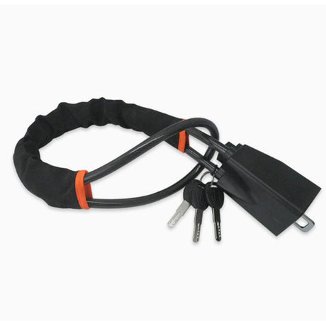 car steering wheel lock anti-theft device with flexible locking cable, covered steering wheel loop, keyed lock body and multiple color options including black, orange, blackish orange and red