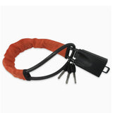 car steering wheel lock anti-theft device with flexible locking cable, covered steering wheel loop, keyed lock body and multiple color options including black, orange, blackish orange and red