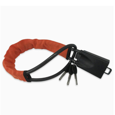 car steering wheel lock anti-theft device with flexible locking cable, covered steering wheel loop, keyed lock body and multiple color options including black, orange, blackish orange and red