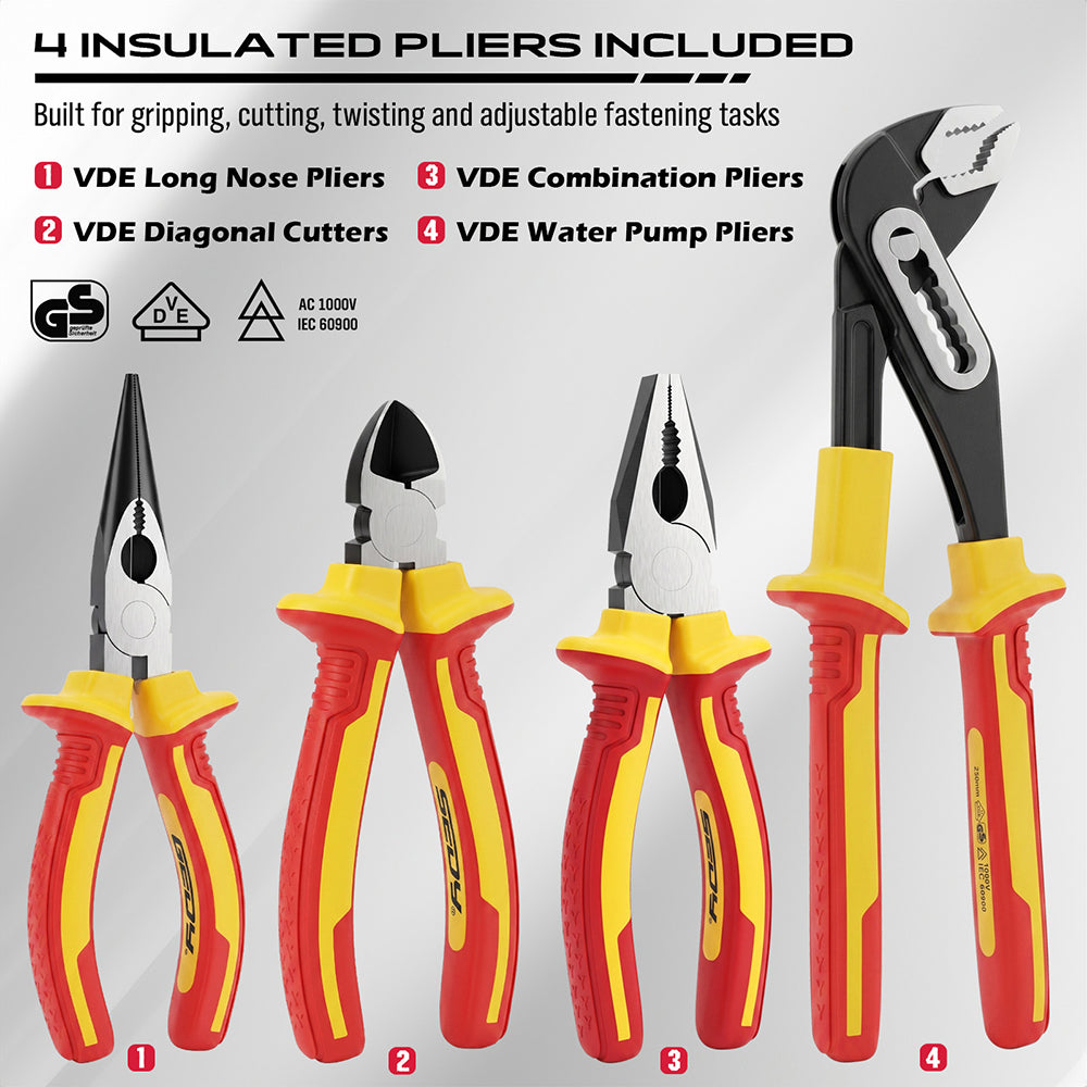 18-piece insulated electrician tool set with 1000V VDE screwdrivers, insulated pliers, voltage tester and storage case