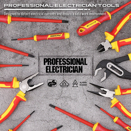 18-piece insulated electrician tool set with 1000V VDE screwdrivers, insulated pliers, voltage tester and storage case