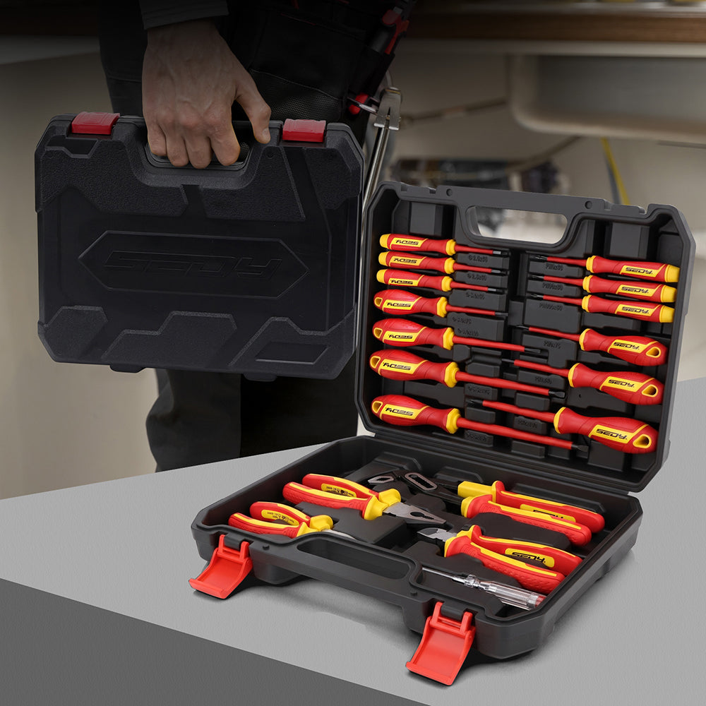 18-piece insulated electrician tool set with 1000V VDE screwdrivers, insulated pliers, voltage tester and storage case