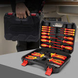 18-piece insulated electrician tool set with 1000V VDE screwdrivers, insulated pliers, voltage tester and storage case