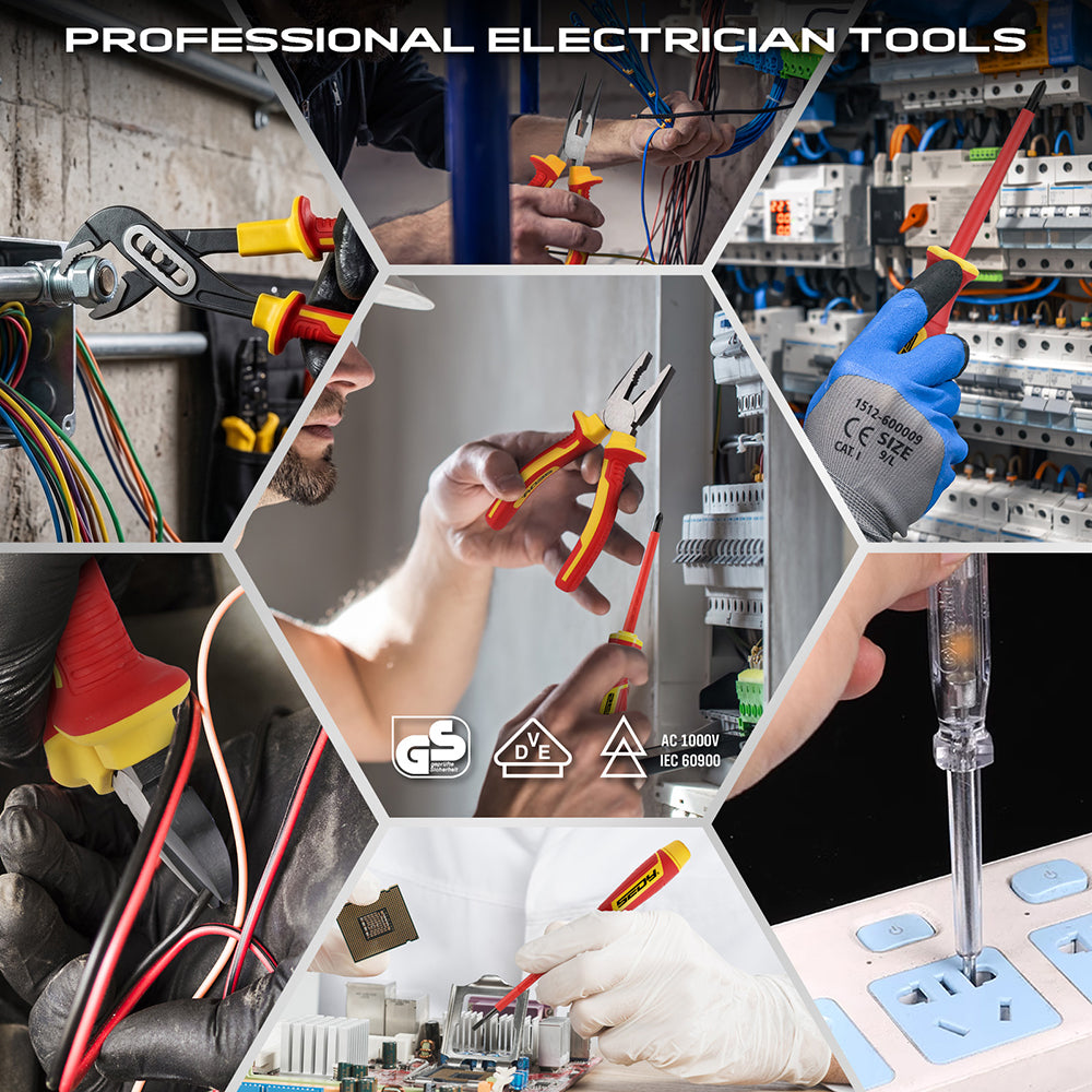18-piece insulated electrician tool set with 1000V VDE screwdrivers, insulated pliers, voltage tester and storage case