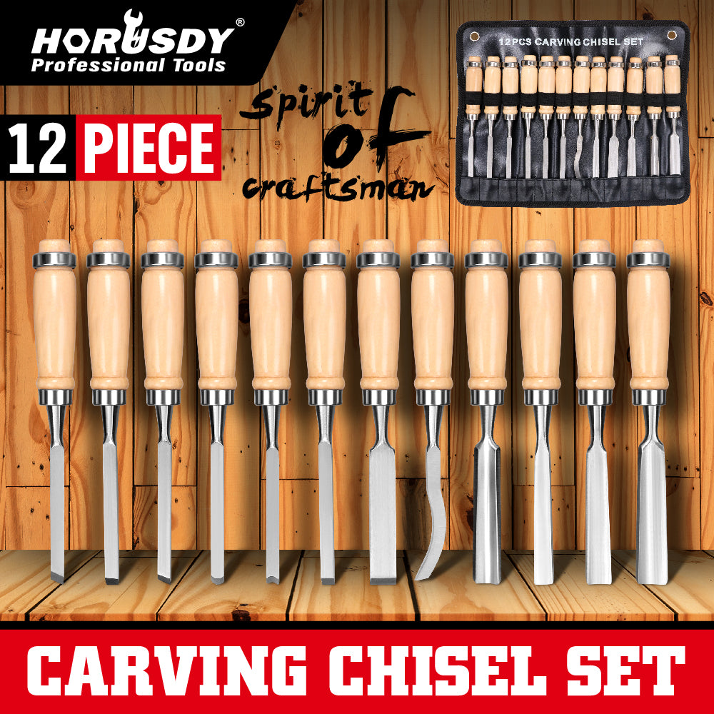 HORUSDY 12-Piece Wood Carving Chisel Set, 8-Inch Carbon Steel Woodworking Tools with Hardwood Handles & Carrying Case