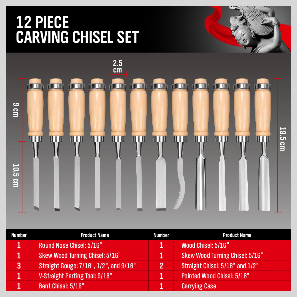 12 piece wood carving chisel set with hardwood handles carbon steel blades and roll up carrying case
