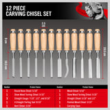 12 piece wood carving chisel set with hardwood handles carbon steel blades and roll up carrying case