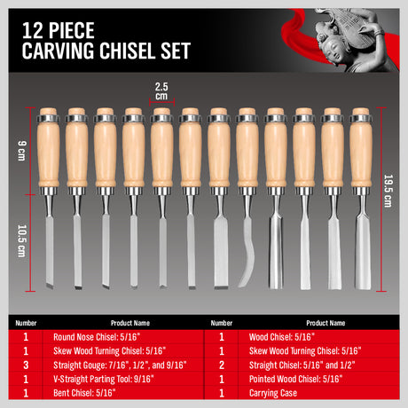 12 piece wood carving chisel set with hardwood handles carbon steel blades and roll up carrying case