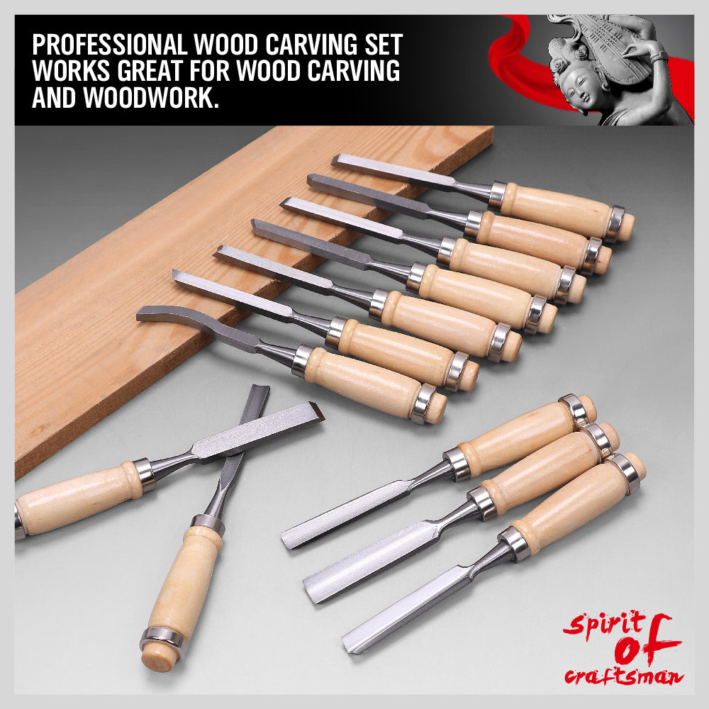 12 piece wood carving chisel set with hardwood handles carbon steel blades and roll up carrying case