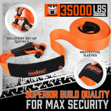 35,000 lbs heavy duty tow strap recovery kit with 3 inch x 30 ft nylon recovery strap, 2 D-ring shackles and storage bag
