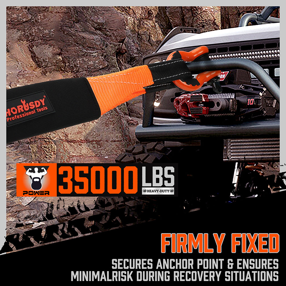 35,000 lbs heavy duty tow strap recovery kit with 3 inch x 30 ft nylon recovery strap, 2 D-ring shackles and storage bag
