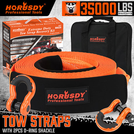 35,000 lbs heavy duty tow strap recovery kit with 3 inch x 30 ft nylon recovery strap, 2 D-ring shackles and storage bag