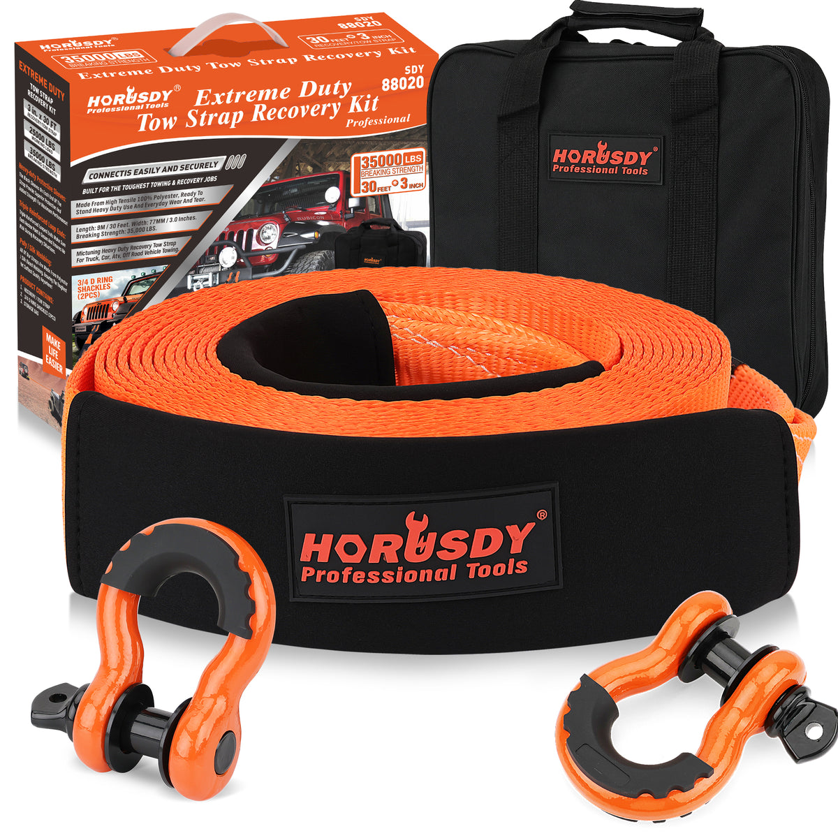35,000 lbs heavy duty tow strap recovery kit with 3 inch x 30 ft nylon recovery strap, 2 D-ring shackles and storage bag