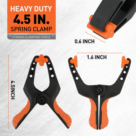 4-piece woodworking clamp set with two 13 ft strap clamps and two 4.5 in spring clamps for picture frames, boxes and irregular workpieces.
