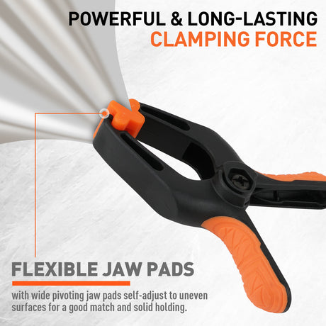 4-piece woodworking clamp set with two 13 ft strap clamps and two 4.5 in spring clamps for picture frames, boxes and irregular workpieces.
