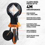 4-piece woodworking clamp set with two 13 ft strap clamps and two 4.5 in spring clamps for picture frames, boxes and irregular workpieces.