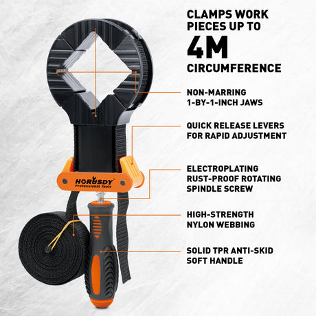 4-piece woodworking clamp set with two 13 ft strap clamps and two 4.5 in spring clamps for picture frames, boxes and irregular workpieces.