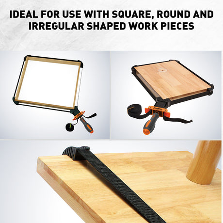 4-piece woodworking clamp set with two 13 ft strap clamps and two 4.5 in spring clamps for picture frames, boxes and irregular workpieces.