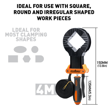 4-piece woodworking clamp set with two 13 ft strap clamps and two 4.5 in spring clamps for picture frames, boxes and irregular workpieces.
