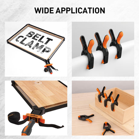 4-piece woodworking clamp set with two 13 ft strap clamps and two 4.5 in spring clamps for picture frames, boxes and irregular workpieces.