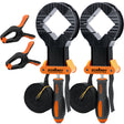 4-piece woodworking clamp set with two 13 ft strap clamps and two 4.5 in spring clamps for picture frames, boxes and irregular workpieces.