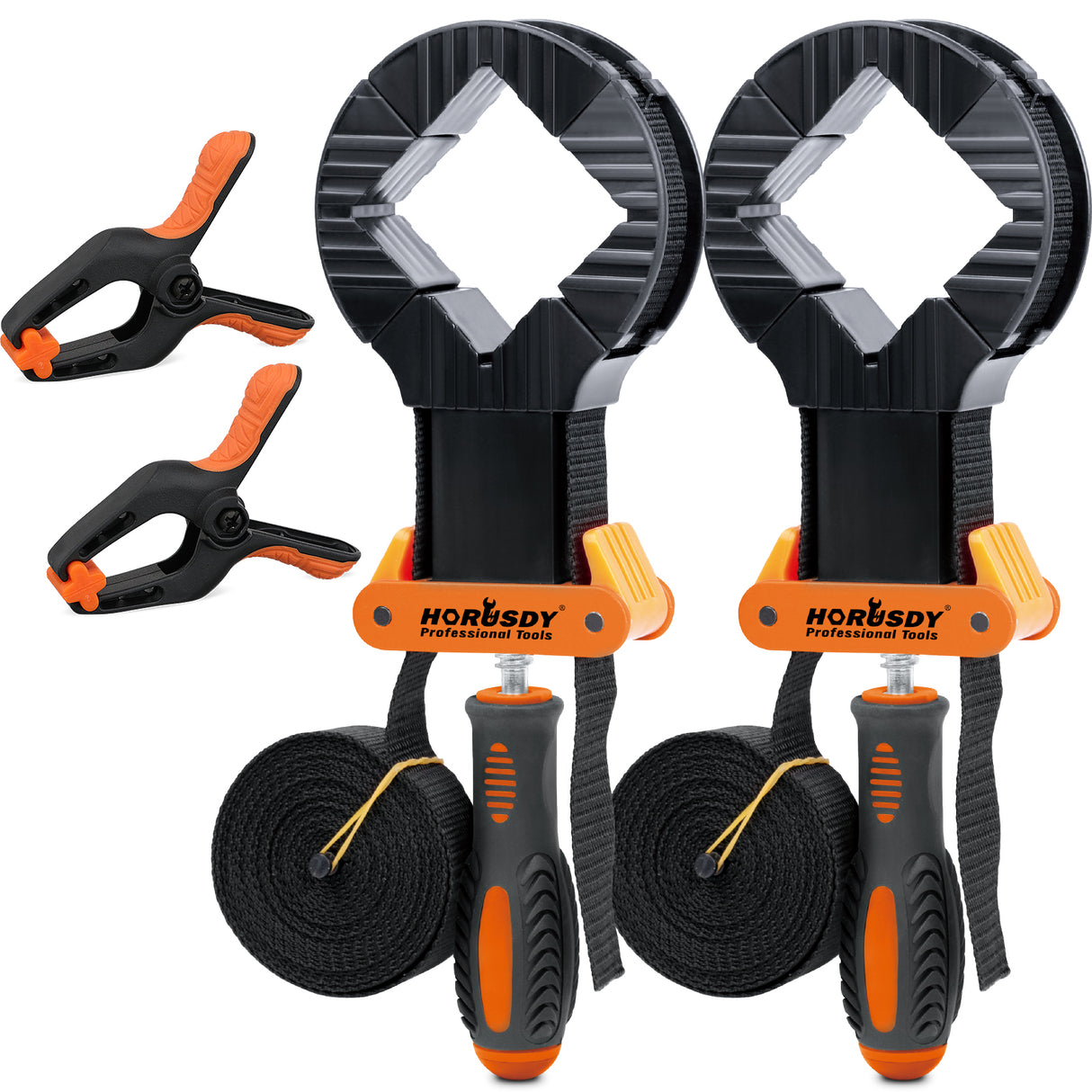 4-piece woodworking clamp set with two 13 ft strap clamps and two 4.5 in spring clamps for picture frames, boxes and irregular workpieces.