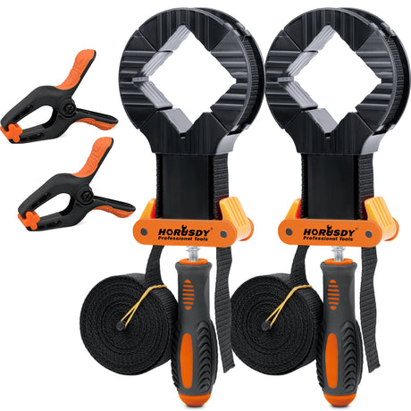 4-piece woodworking clamp set with two 13 ft strap clamps and two 4.5 in spring clamps for picture frames, boxes and irregular workpieces.