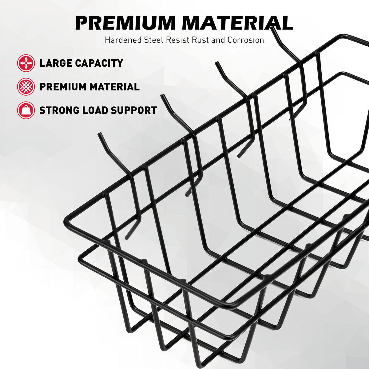 5-pack black metal wire pegboard basket set with five graduated sizes for garage, workshop, craft room, kitchen, and office storage