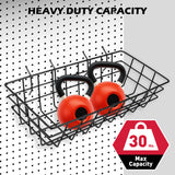 5-pack black metal wire pegboard basket set with five graduated sizes for garage, workshop, craft room, kitchen, and office storage