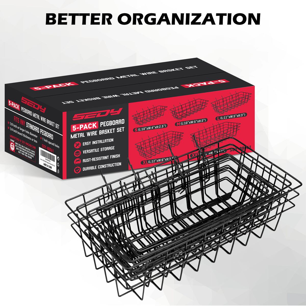 5-pack black metal wire pegboard basket set with five graduated sizes for garage, workshop, craft room, kitchen, and office storage
