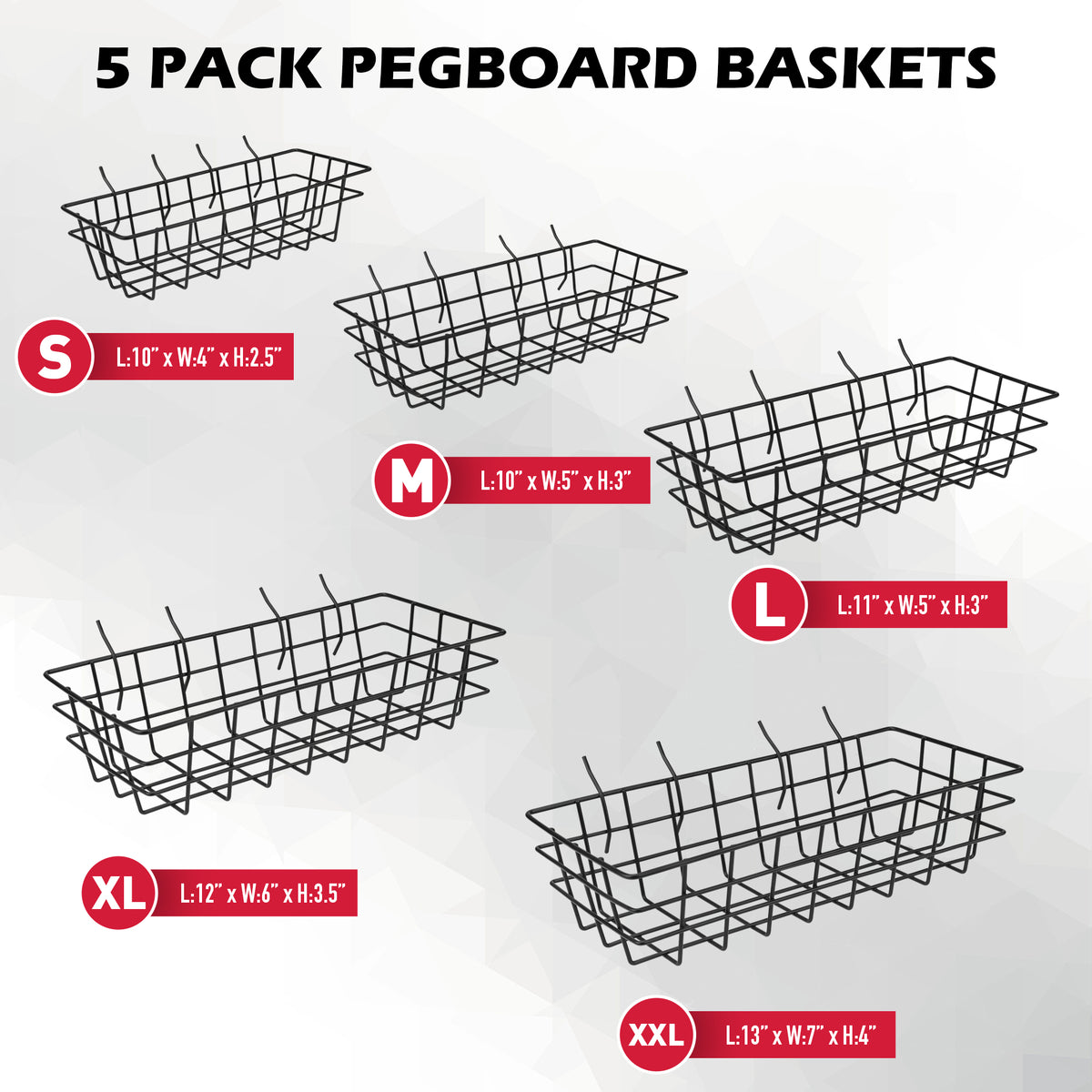5-pack black metal wire pegboard basket set with five graduated sizes for garage, workshop, craft room, kitchen, and office storage
