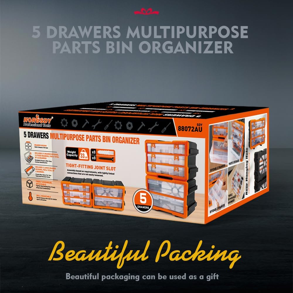 5-Drawer Multipurpose Parts Bin Organizer with Modular Design and Wall-Mountable Feature