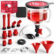 Non-spill coolant filling funnel kit with universal adapters, siphon hose pump, and precise filling features, designed for automotive and machinery use.