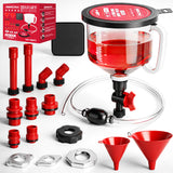 Non-spill coolant filling funnel kit with universal adapters, siphon hose pump, and precise filling features, designed for automotive and machinery use.