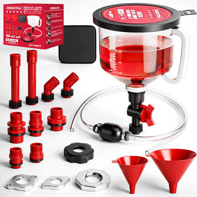 Non-spill coolant filling funnel kit with universal adapters, siphon hose pump, and precise filling features, designed for automotive and machinery use.