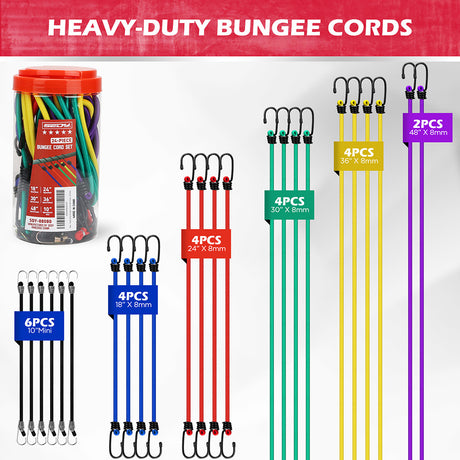 24-piece heavy duty bungee cord set with multi-length elastic straps and coated steel hooks for camping, transport and storage