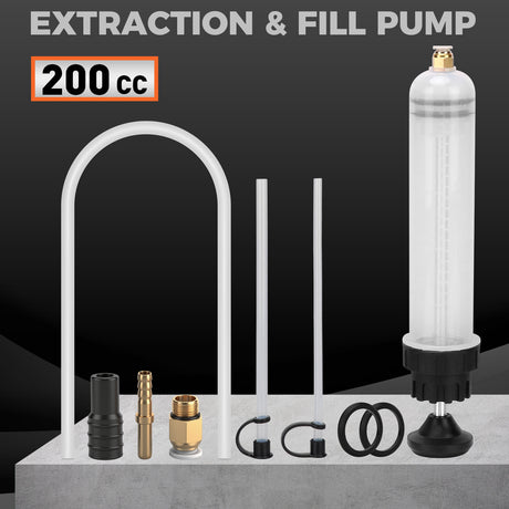 200cc fluid extractor pump with hose kit for transferring engine oil, coolant and brake fluid in automotive maintenance