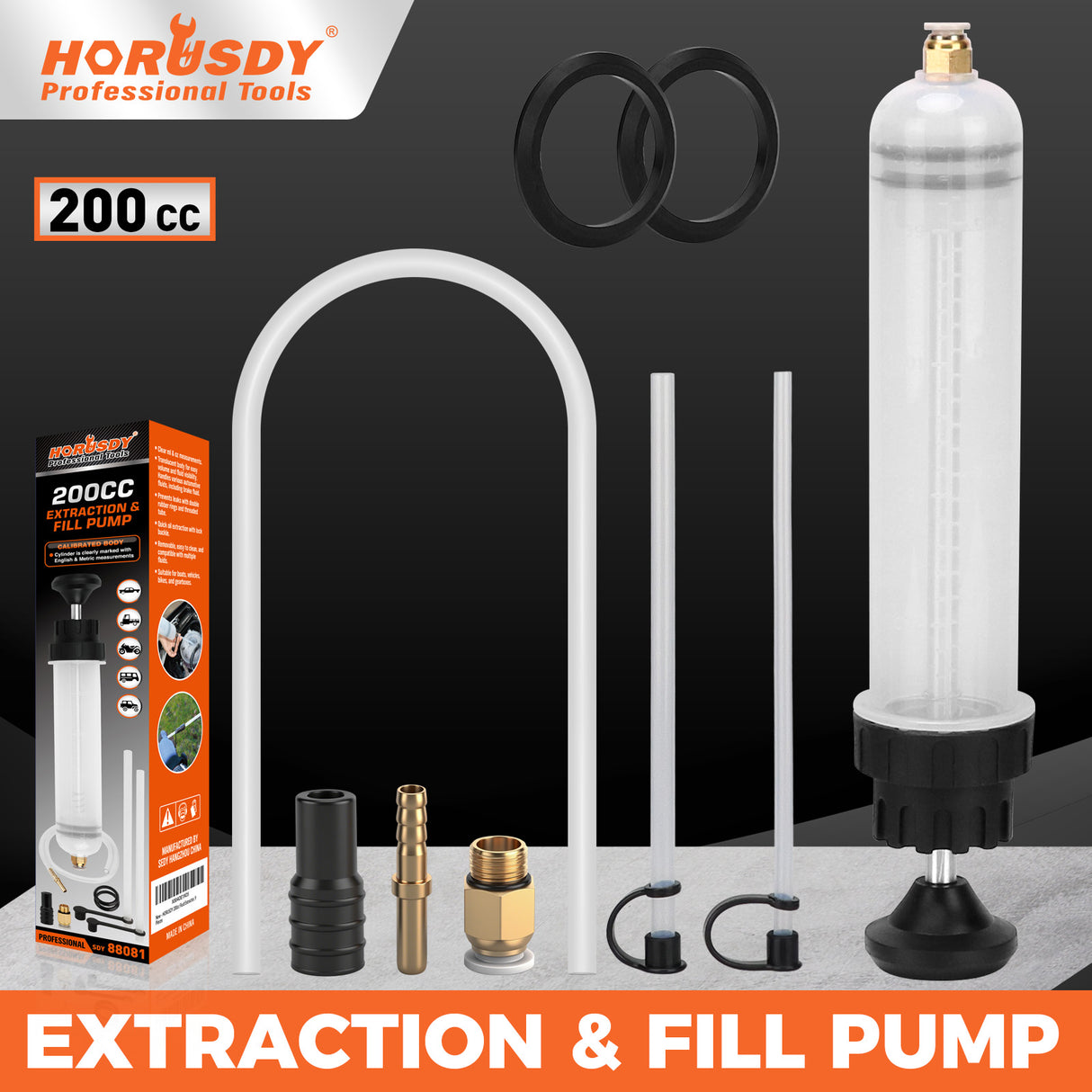 200cc fluid extractor pump with hose kit for transferring engine oil, coolant and brake fluid in automotive maintenance