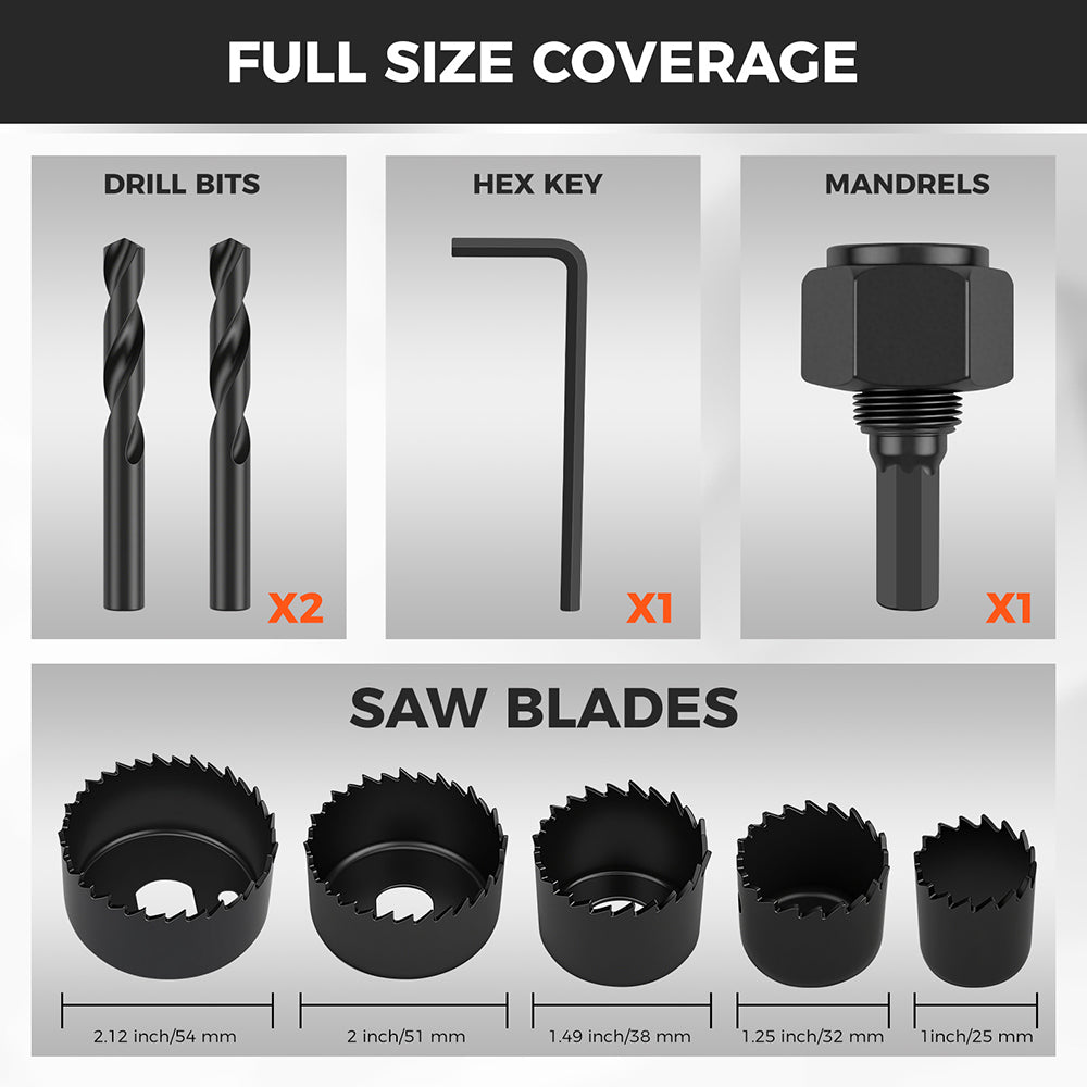 HORUSDY 8PCS Hole Saw Kit with Mandrel, Drill Bits, Hex Key and Storage Case for Wood, PVC and Plasterboard