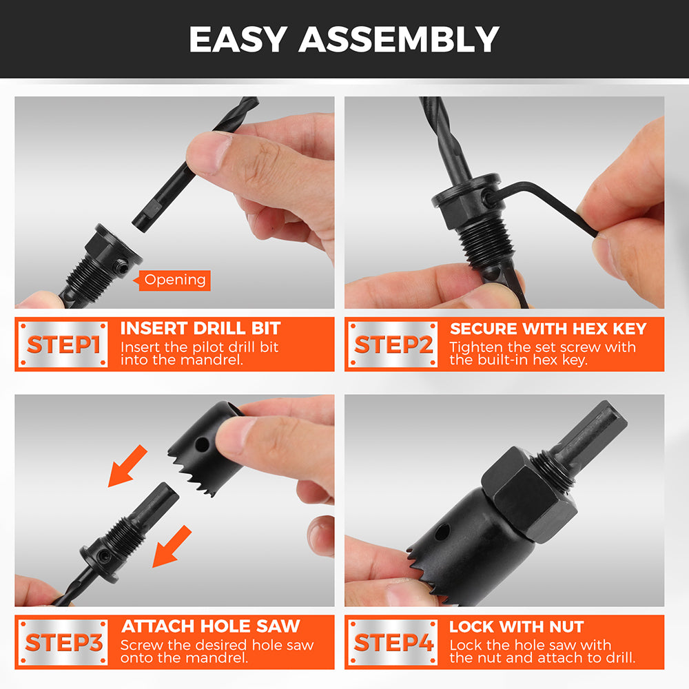 HORUSDY 8PCS Hole Saw Kit with Mandrel, Drill Bits, Hex Key and Storage Case for Wood, PVC and Plasterboard
