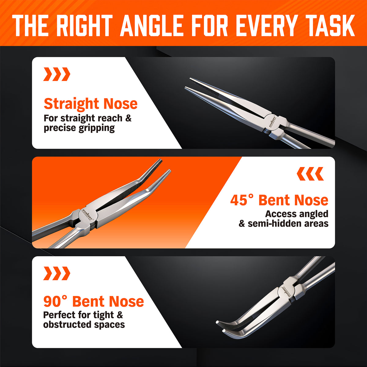 3-piece 11-inch long reach pliers set with straight, 45-degree and 90-degree bent nose pliers, magnetic racks and roll-up pouch