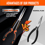 3-piece 11-inch long reach pliers set with straight, 45-degree and 90-degree bent nose pliers, magnetic racks and roll-up pouch