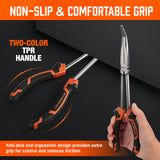 3-piece 11-inch long reach pliers set with straight, 45-degree and 90-degree bent nose pliers, magnetic racks and roll-up pouch
