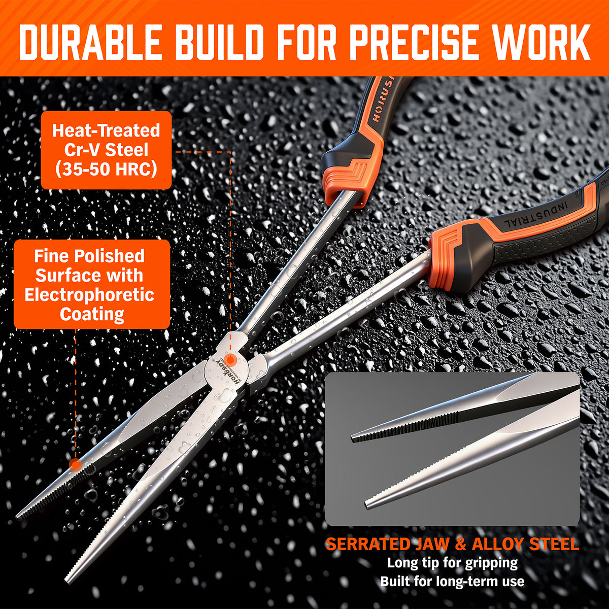 3-piece 11-inch long reach pliers set with straight, 45-degree and 90-degree bent nose pliers, magnetic racks and roll-up pouch