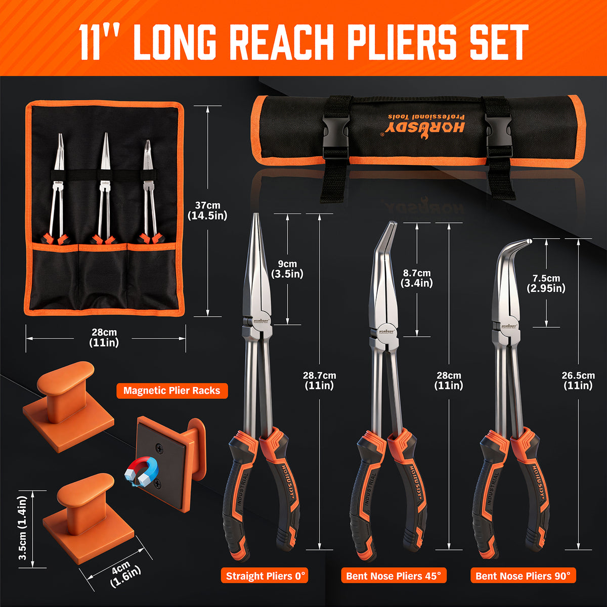 3-piece 11-inch long reach pliers set with straight, 45-degree and 90-degree bent nose pliers, magnetic racks and roll-up pouch