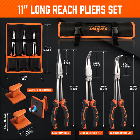 3-piece 11-inch long reach pliers set with straight, 45-degree and 90-degree bent nose pliers, magnetic racks and roll-up pouch