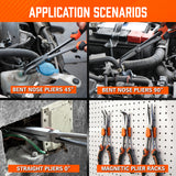 3-piece 11-inch long reach pliers set with straight, 45-degree and 90-degree bent nose pliers, magnetic racks and roll-up pouch