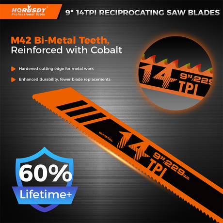 6-piece 9-inch 14TPI bi-metal reciprocating saw blades for cutting metal pipe, rebar, sheet metal and steel plates