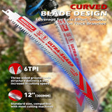 3-pack 12 inch 6 TPI curved pruning reciprocating saw blades for tree trimming, branches, green wood and wood cutting