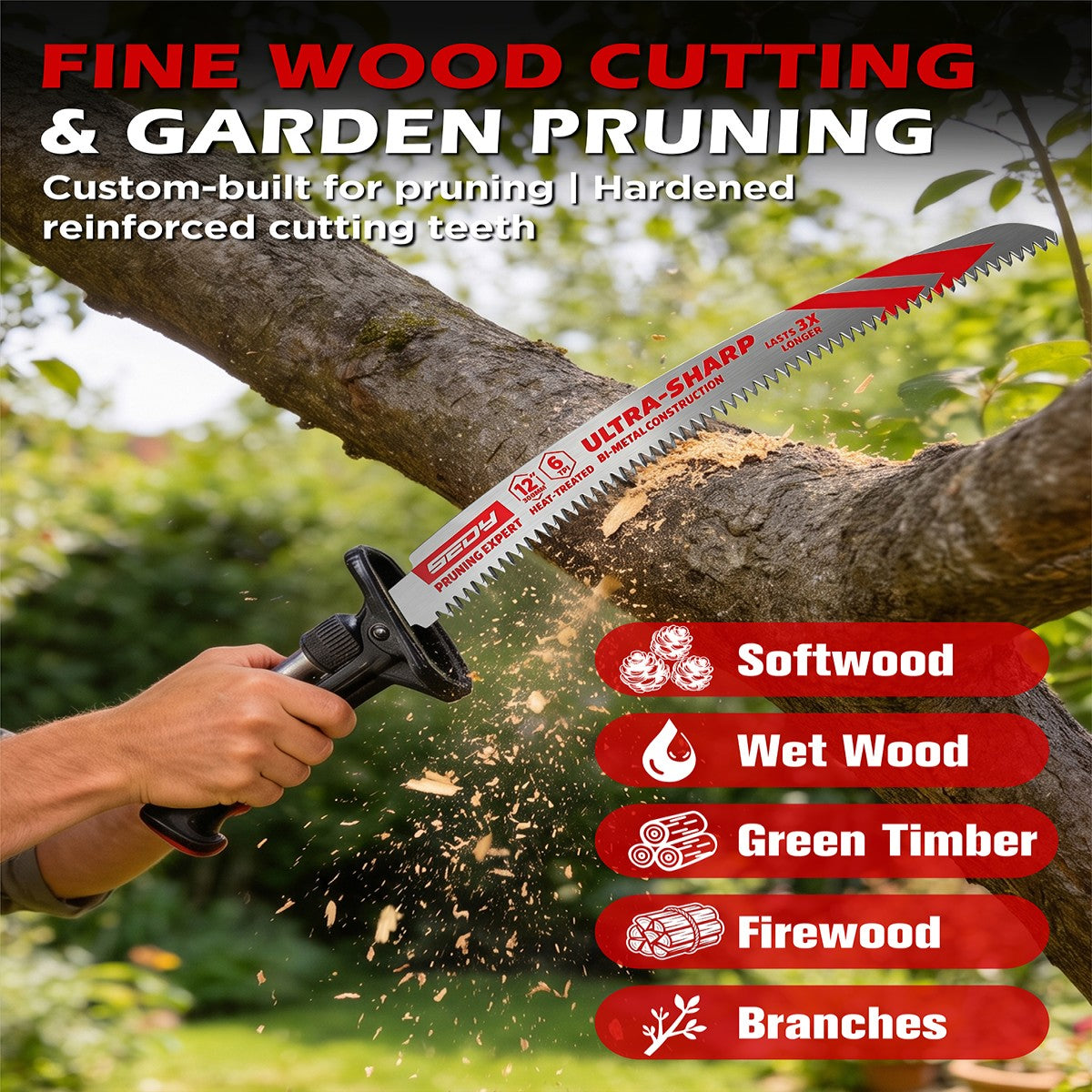 3-pack 12 inch 6 TPI curved pruning reciprocating saw blades for tree trimming, branches, green wood and wood cutting